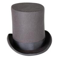 Magic hat. Topper. Elegant vintage gray beige wool felt top hat with black band. Grosgrain ribbon trim around rolled brim. Isolated on white background. Close-up. Copy space. Cut out. Clipping path. photo