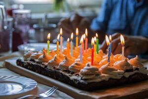 Birthday party at home. Closeup 15 colorful lit candles on the large homemade chocolate cake, decorated with meringues and whipped cream. One Man is sitting at the table by the window. Selective focus photo