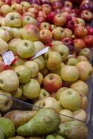 Fresh pears and apples in red shopping net. Fruits arranged in the grocery store on the counter. Green pears, apples with producer tags stickers on food market rack. Side view. Selective focus. photo