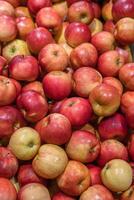 Pyle of Apples at the farmers market. Lots Red and green apples in the food store. Background of ripe apples in the shop container. Apple Variety. Top view. Flat lay. Selective focus. photo