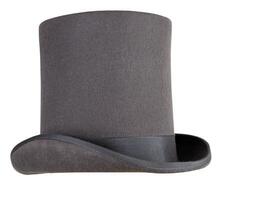 Magic hat. Topper. Elegant vintage gray beige wool felt top hat with black band. Grosgrain ribbon trim around rolled brim. Isolated on white background. Close-up. Copy space. Cut out. Clipping path. photo