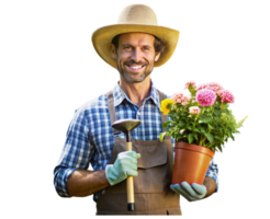 jardinier avec pelle et fleur pot dans main- png