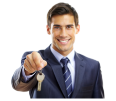 Cheerful young businessman in a suit presenting a key, with a focus on success and opportunity png