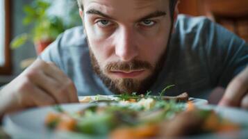 A man practices mindful portion control taking only what he knows he will truly enjoy and stopping when he feels satisfied rather than mindlessly overeating or restricting photo