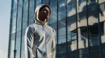 A lightweight zipup hoodie in a neutral color made with quickdrying fabric and designed for optimal range of motion during workouts photo