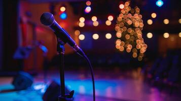 A stage is set up for live performances showcasing the talents of students ranging from singing to spoken word poetry photo