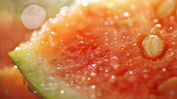 A closeup of a juicy slice of watermelon with beads of condensation glistening in the sunlight photo