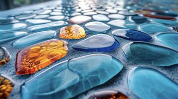 Upclose shot of a recycled glass countertop highlighting the intricate patterns and textures created by the crushed glass pieces photo