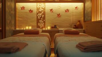 A serene massage room with soft lighting where a parent and child can be seen getting sidebyside massages. photo