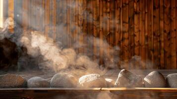 Steam rises from the sauna rocks carrying with it not only warmth but also the heavy weight of mental stress and fog leaving users with a sense of lightness and clarity. photo