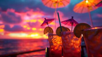 tiki antorchas parpadeó en el amable mar brisa como el grupo tostado con brillantemente de colores cócteles adornado con mini paraguas y Fresco Fruta guarnaciones. el cielo estaba inundado en sombra foto