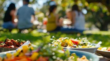 un al aire libre probabilidad picnic en el parque dónde todos trae su favorito sobrio plato a compartir en celebracion de un año de crecimiento en sobriedad foto