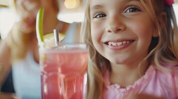 un joven niña felizmente bebiendo en un vaso de infusión de bayas limonada mientras su madre disfruta un refrescante Pepino Mocktail foto