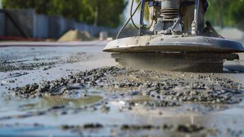 A large rotary power trowel glides over the surface of the concrete leaving behind a smooth and glossy finish photo