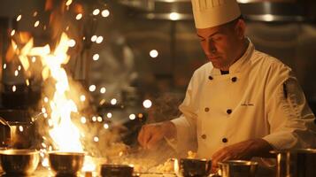 The flickering candles create a mesmerizing backdrop as the chef expertly demonstrates cooking techniques. 2d flat cartoon photo