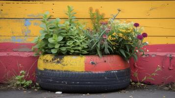 A discarded car tire repurposed into a modern planter with plants growing out of the top and painted with a vibrant color for a fun touch photo