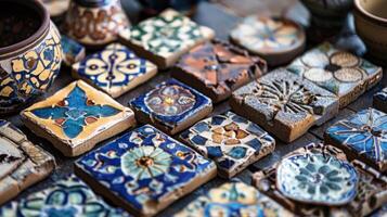 A set of mosaic tiles made from broken pieces of ceramic and arranged into a stunning design on a tabletop. photo