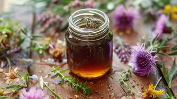 A jar of dark robust honey surrounded by fresh herbs and wildflowers echoing the natural origins and complexity of its flavor photo
