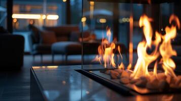 Flames dance and flicker inside the sleek glass enclosure of the fireplace casting a soft glow on the rooms dark wood furniture. 2d flat cartoon photo