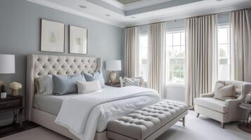 un sereno Maestro dormitorio con suave fluido cortinas en un pálido azul sombra creando un calmante y pacífico atmósfera Perfecto para relajación foto