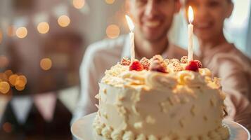 un bandera con el palabras uno año más fuerte cuelga en el antecedentes como el contento Pareja s su aniversario pastel a el sin alcohol celebracion foto