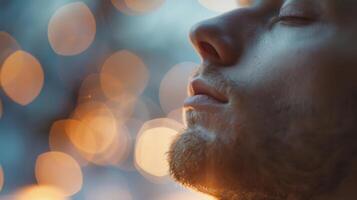 A man practices deep breathing exercises with the support of calming frankincense essential oil promoting relaxation and reducing stress photo