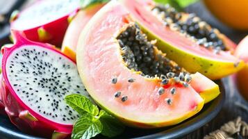 un tropical banquete para el Sentidos lleno con jugoso papaya dulce guayaba y tarta rebanadas de Dragon de fruta foto