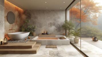 A minimalist bathroom with a hint of Japanese influence featuring a wooden step leading up to a deep and luxurious soaking tub photo