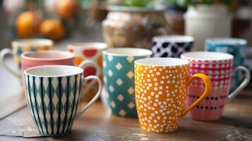 The designs on the mugs range from simple and elegant to bold and colorful allowing for a variety of options to fit different tastes. photo
