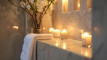 A luxurious spa bathroom boasts alcoves with marble walls each lit with a single candle to create a serene and tranquil atmosphere. 2d flat cartoon photo