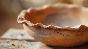 A closeup of a pottery bowl with a crimped rim created by using a special tool to pinch and fold the edges of the clay before firing. photo