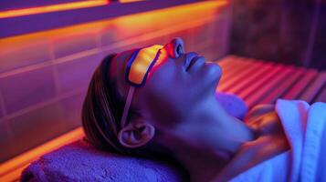 A person laying down on a mat in the sauna using a lavenderscented eye pillow to block out any light and encourage sleep. photo