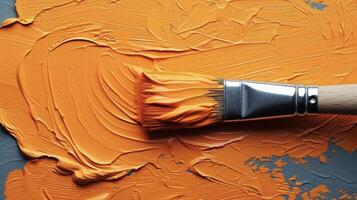 un Cepillo de pintura sumergido en vibrante naranja pintar deslizamiento a través de un blanco lona representando el creativo y artístico elemento de hogar renovación foto