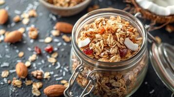 un tarro de hecho en casa Granola s mezclado con un generoso cantidad de orgánico Coco petróleo para un sutilmente dulce y de nuez sabor foto