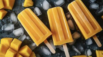 dulce y picante piña y mango sabores mezclarse deliciosamente en estos de inspiración tropical Paletas de hielo haciendo para un refrescante tratar como usted acogedor arriba siguiente a el fuego foto