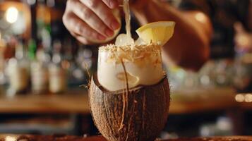 A bartender expertly mixes and pours a mouthwatering mocktail into a coconutshaped glass photo