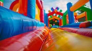 Inflatable bounce houses and obstacle courses provide endless entertainment for graduates at a lively alcoholfree party celebrating their hard work and achievements photo