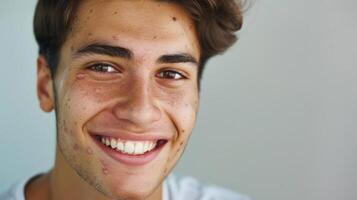 un imagen de un hombre sonriente con confianza con perceptible reducción en acné y cicatrices después implementar piel rejuvenecimiento terapia. foto