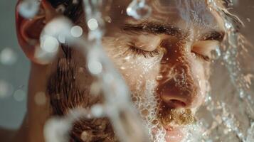 He splashes water on his face waking up his skin and preparing it for cleansing photo