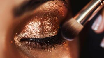 A makeup artist using a small precise brush to carefully apply a bold and glittery eyeshadow on the lid adding a touch of extravagance photo
