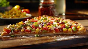 A slice of hearty vegan pizza loaded with colorful veggies and vegan cheese photo