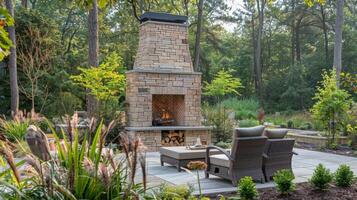 Nestled ast tall trees and native plants the outdoor fireplace is a natural and elegant addition to this lounging area. 2d flat cartoon photo