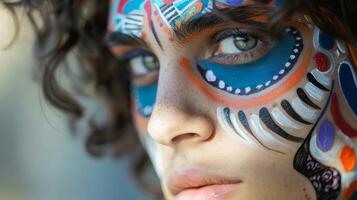 A closeup of a masculineidentified individual their face painted with intricate colorful patterns breaking gender norms in the beauty industry photo