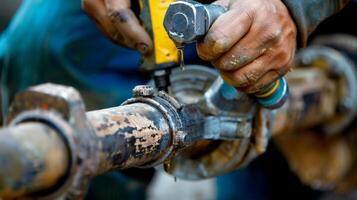 A closeup shot of a workers hands as they tightly secure a pipe joint with a wrench ensuring a strong and durable connection photo