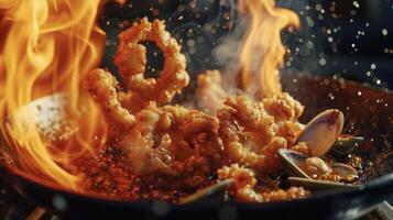 Seafood lovers will be enticed by the sight of this flaming fried food extravaganza complete with plump fried clams and tender fried calamari served with a side of fiery ho photo
