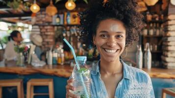 A customer walking out of the happy hour with a satisfied smile holding a refillable water bottle and a reusable straw photo