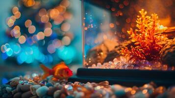 Bright orange and blue hues dance around the tank creating a mesmerizing contrast to the warm flickering fireplace. 2d flat cartoon photo