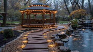 Outdoor pathway lighting leading to a charming wooden gazebo creating a warm and inviting outdoor space photo