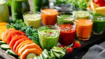 A tray of freshly vegetables and hummus dip surrounded by glasses of green smoothies and coconut water photo