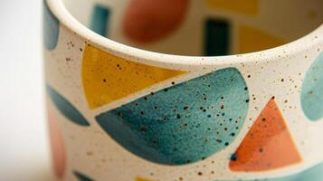 A terrazzoinspired ceramic mug with a playful pattern of geometric shapes in shades of blue green and yellow. photo